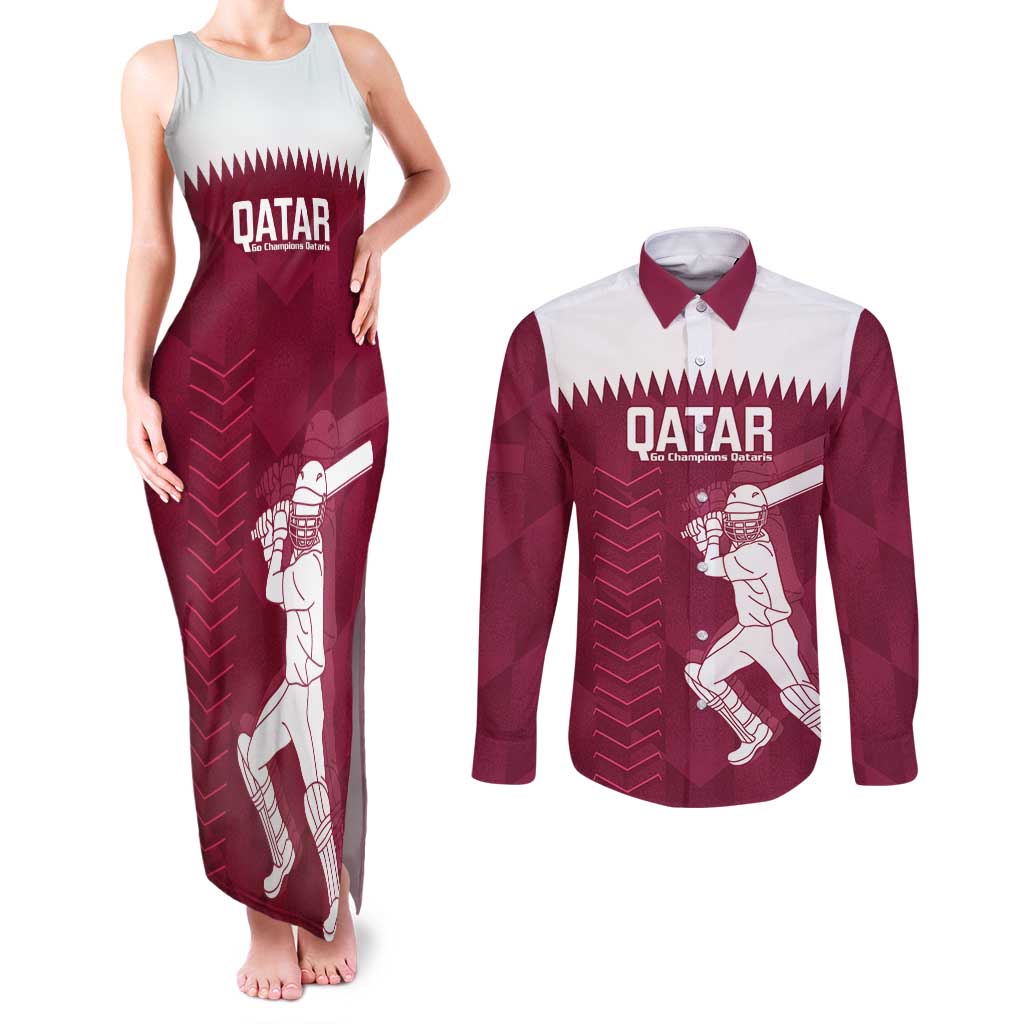 Custom Qatar Cricket Couples Matching Tank Maxi Dress and Long Sleeve Button Shirt Go Champions Qataris Flag Style - Wonder Print Shop