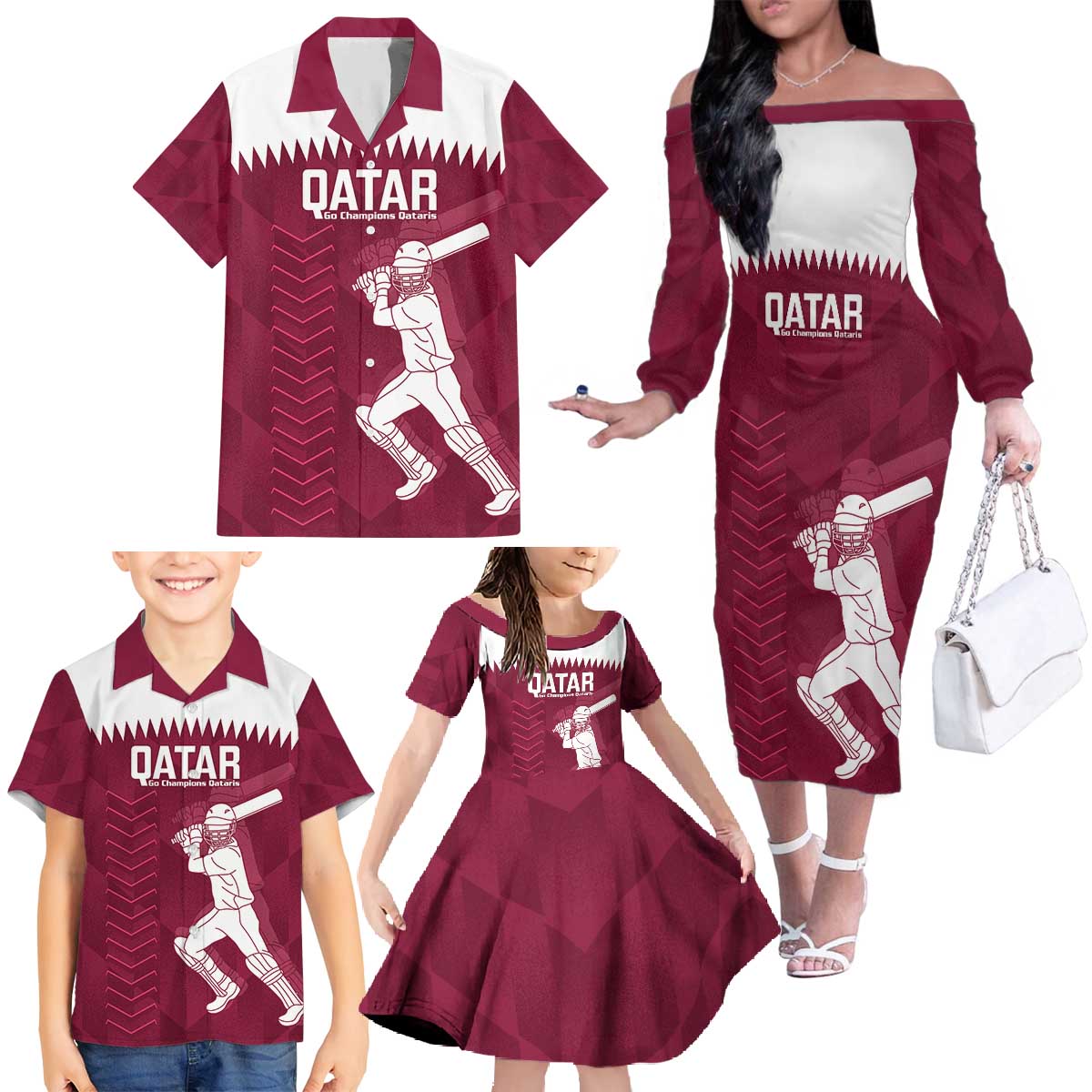 Custom Qatar Cricket Family Matching Off The Shoulder Long Sleeve Dress and Hawaiian Shirt Go Champions Qataris Flag Style - Wonder Print Shop