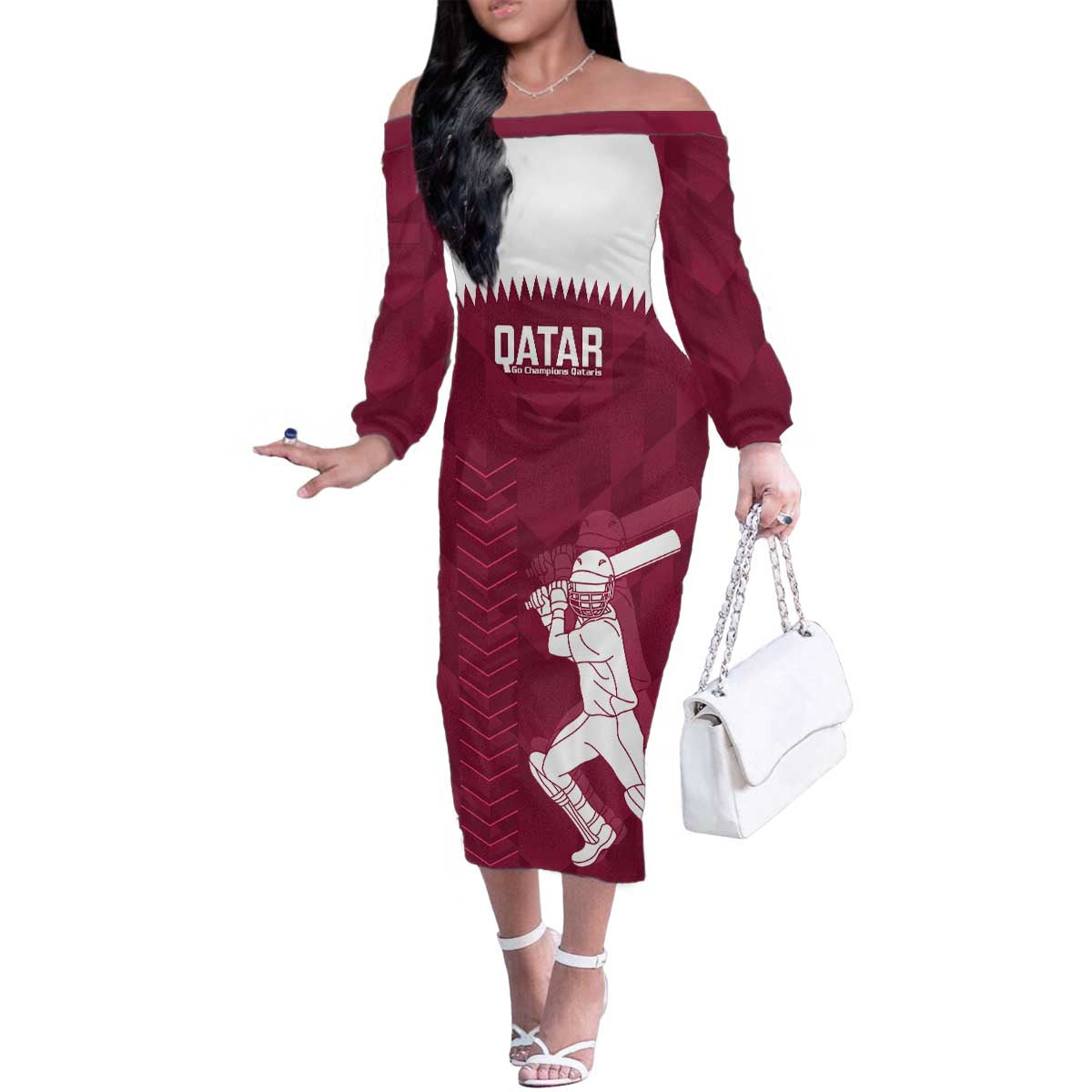 Custom Qatar Cricket Family Matching Off The Shoulder Long Sleeve Dress and Hawaiian Shirt Go Champions Qataris Flag Style - Wonder Print Shop