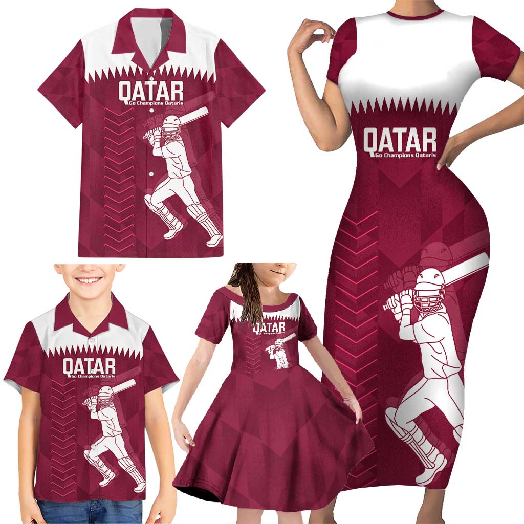 Custom Qatar Cricket Family Matching Short Sleeve Bodycon Dress and Hawaiian Shirt Go Champions Qataris Flag Style - Wonder Print Shop