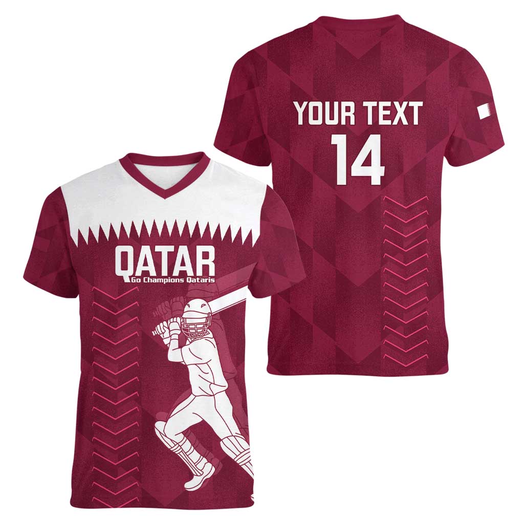 Custom Qatar Cricket Women V-Neck T-Shirt Go Champions Qataris Flag Style - Wonder Print Shop