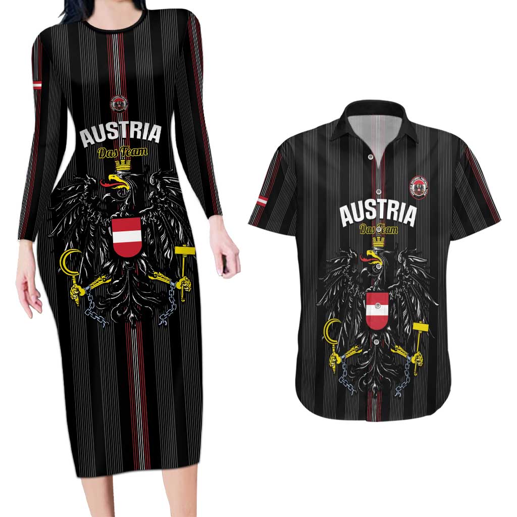 Custom Austria Football Couples Matching Long Sleeve Bodycon Dress and Hawaiian Shirt 2026 Go Das Team Striped Style - Wonder Print Shop