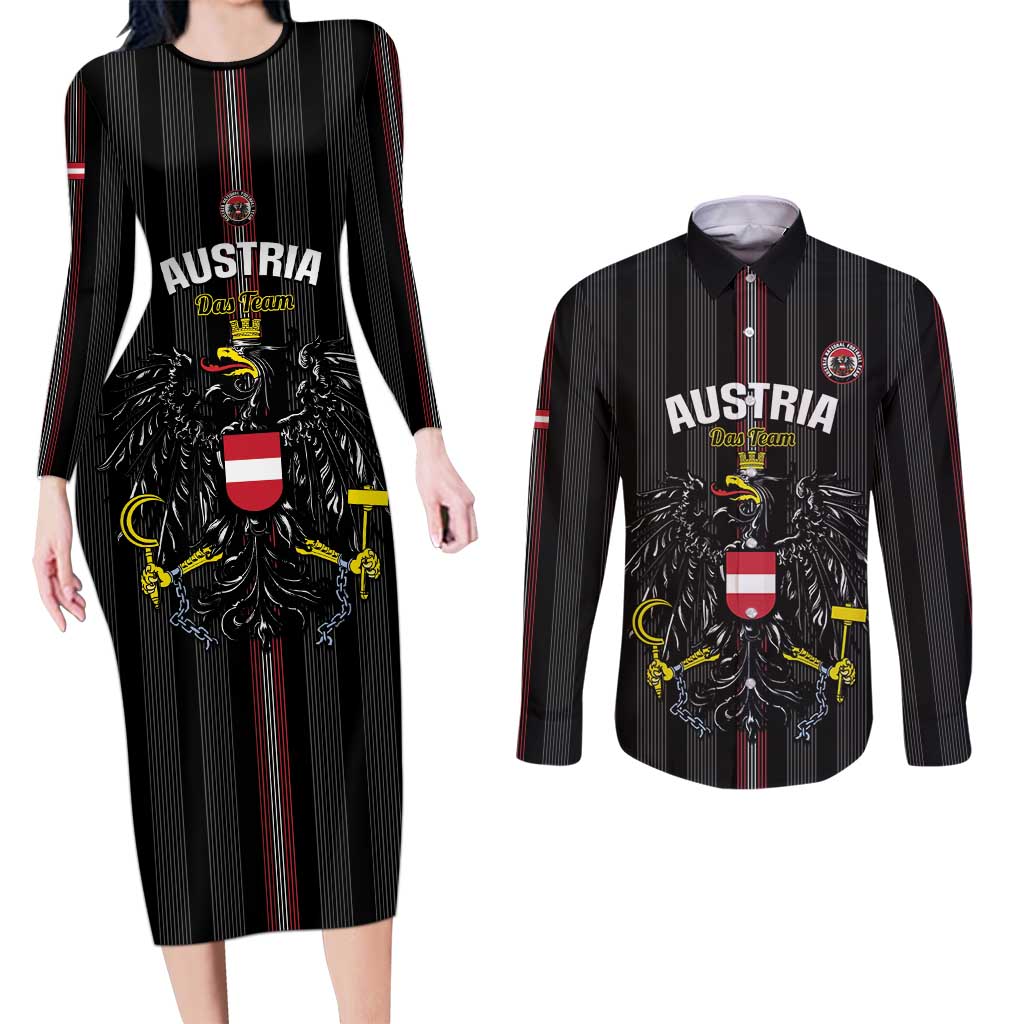 Custom Austria Football Couples Matching Long Sleeve Bodycon Dress and Long Sleeve Button Shirt 2026 Go Das Team Striped Style - Wonder Print Shop