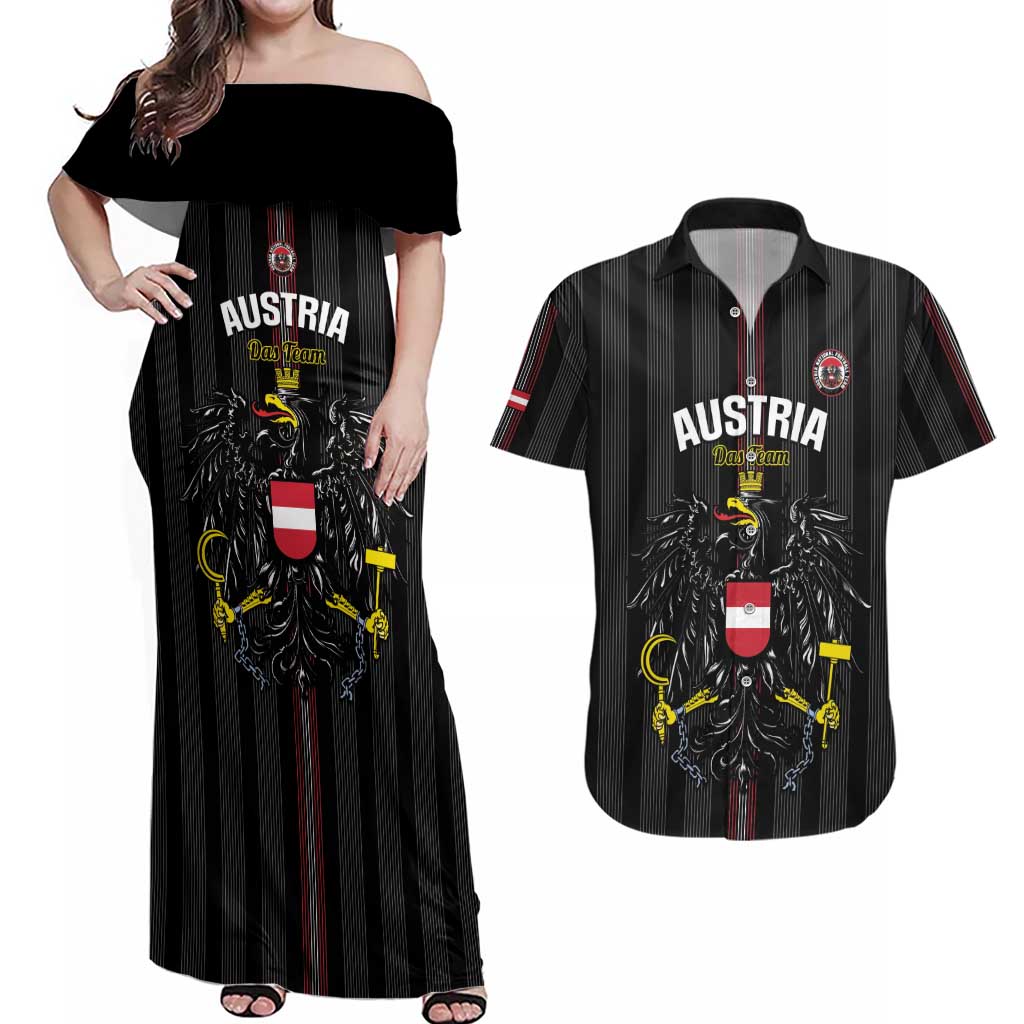 Custom Austria Football Couples Matching Off Shoulder Maxi Dress and Hawaiian Shirt 2026 Go Das Team Striped Style - Wonder Print Shop