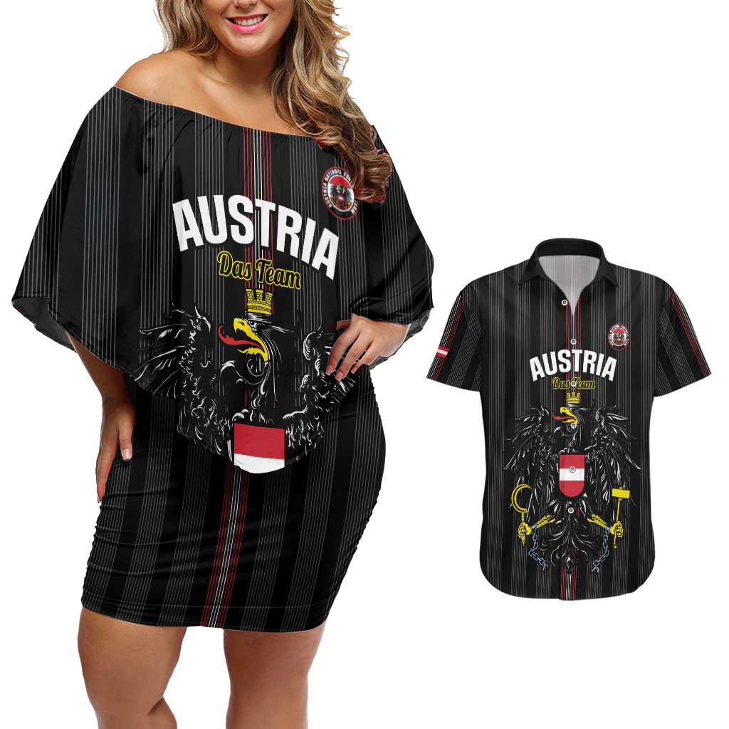 Custom Austria Football Couples Matching Off Shoulder Short Dress and Hawaiian Shirt 2026 Go Das Team Striped Style - Wonder Print Shop