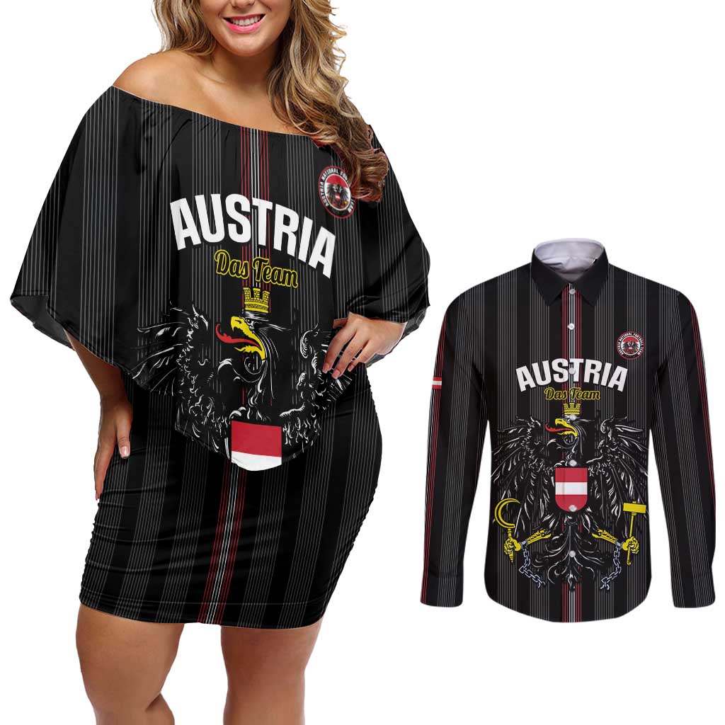 Custom Austria Football Couples Matching Off Shoulder Short Dress and Long Sleeve Button Shirt 2026 Go Das Team Striped Style - Wonder Print Shop