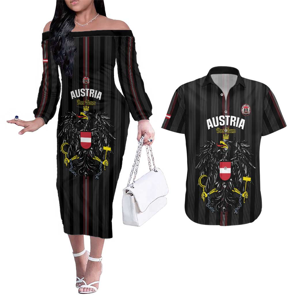 Custom Austria Football Couples Matching Off The Shoulder Long Sleeve Dress and Hawaiian Shirt 2026 Go Das Team Striped Style - Wonder Print Shop