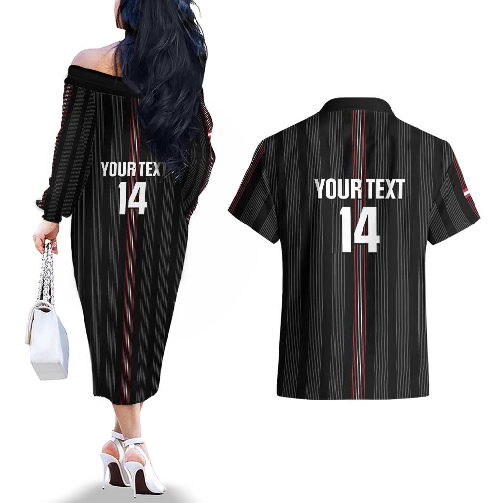 Custom Austria Football Couples Matching Off The Shoulder Long Sleeve Dress and Hawaiian Shirt 2026 Go Das Team Striped Style - Wonder Print Shop