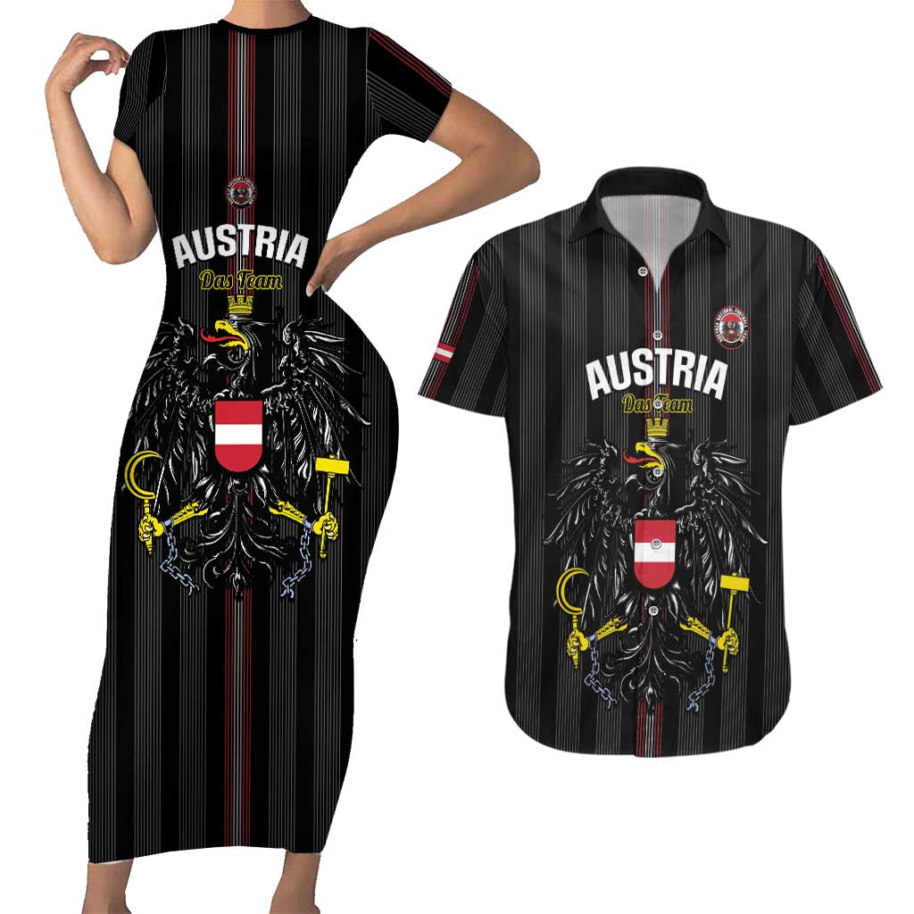 Custom Austria Football Couples Matching Short Sleeve Bodycon Dress and Hawaiian Shirt 2026 Go Das Team Striped Style - Wonder Print Shop