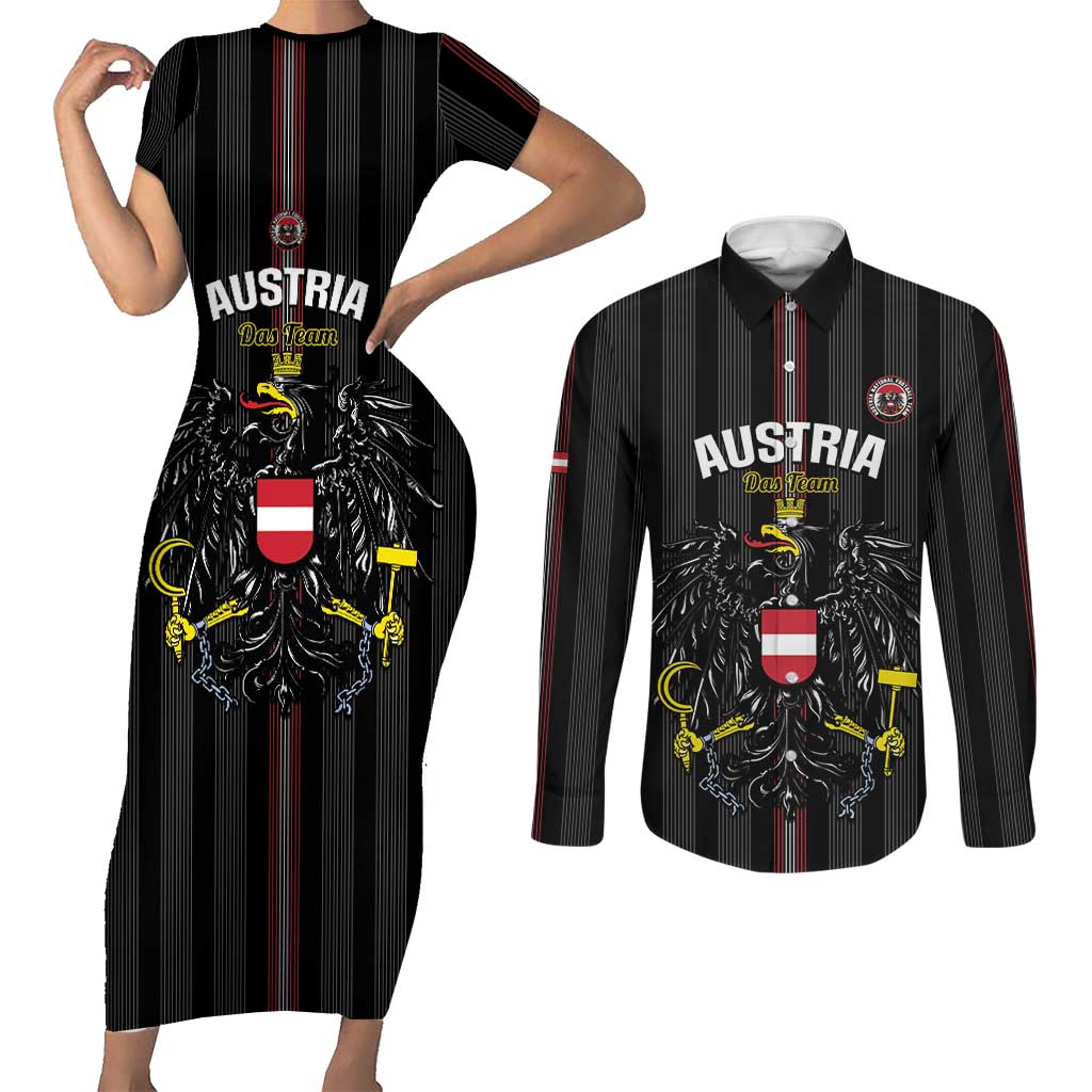 Custom Austria Football Couples Matching Short Sleeve Bodycon Dress and Long Sleeve Button Shirt 2026 Go Das Team Striped Style - Wonder Print Shop