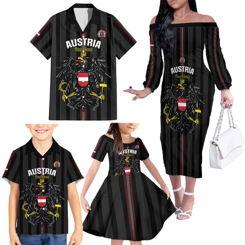 Custom Austria Football Family Matching Off The Shoulder Long Sleeve Dress and Hawaiian Shirt 2026 Go Das Team Striped Style - Wonder Print Shop