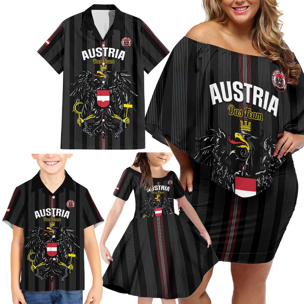 Custom Austria Football Family Matching Off Shoulder Short Dress and Hawaiian Shirt 2026 Go Das Team Striped Style - Wonder Print Shop