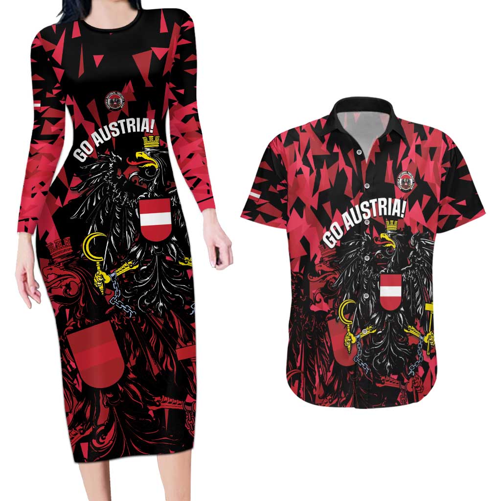 Custom Austria Football Couples Matching Long Sleeve Bodycon Dress and Hawaiian Shirt 2026 Das Team Black Eagle - Wonder Print Shop