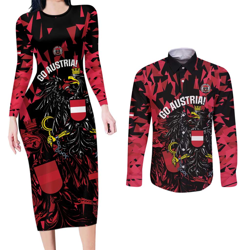Custom Austria Football Couples Matching Long Sleeve Bodycon Dress and Long Sleeve Button Shirt 2026 Das Team Black Eagle - Wonder Print Shop