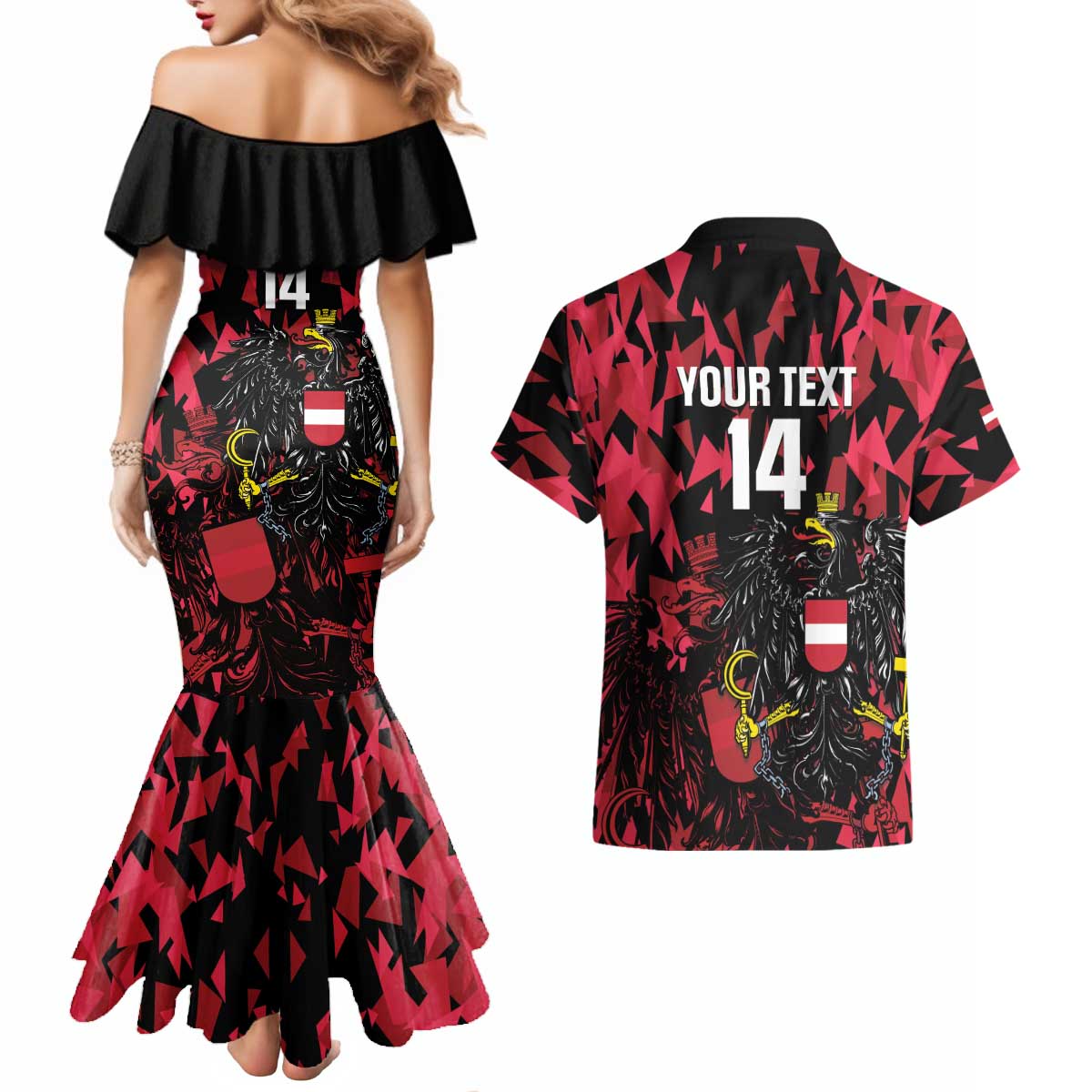 Custom Austria Football Couples Matching Mermaid Dress and Hawaiian Shirt 2026 Das Team Black Eagle - Wonder Print Shop