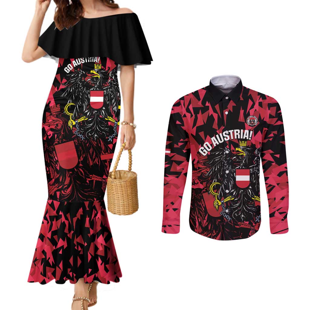Custom Austria Football Couples Matching Mermaid Dress and Long Sleeve Button Shirt 2026 Das Team Black Eagle - Wonder Print Shop