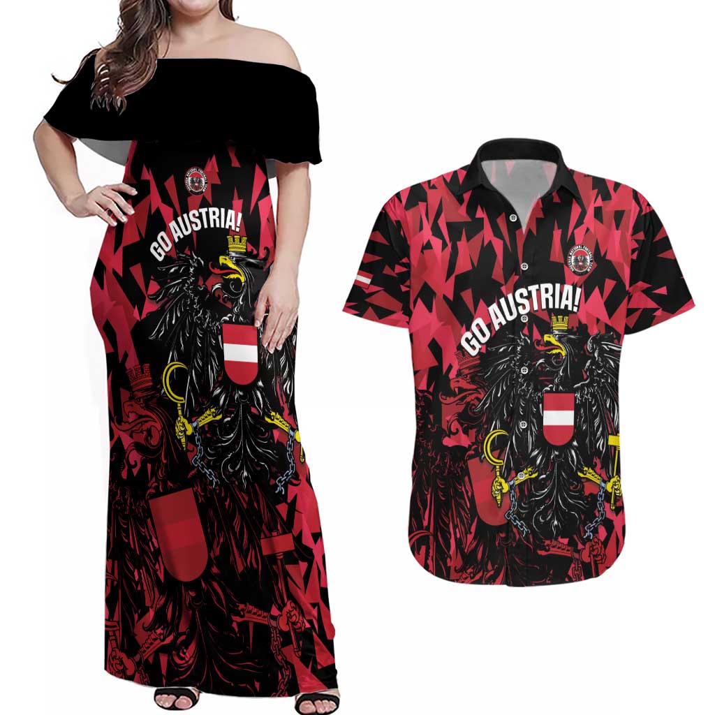 Custom Austria Football Couples Matching Off Shoulder Maxi Dress and Hawaiian Shirt 2026 Das Team Black Eagle - Wonder Print Shop