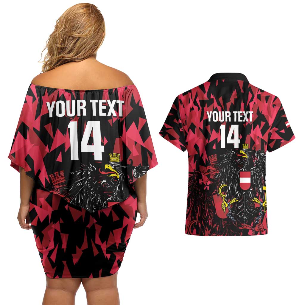 Custom Austria Football Couples Matching Off Shoulder Short Dress and Hawaiian Shirt 2026 Das Team Black Eagle - Wonder Print Shop