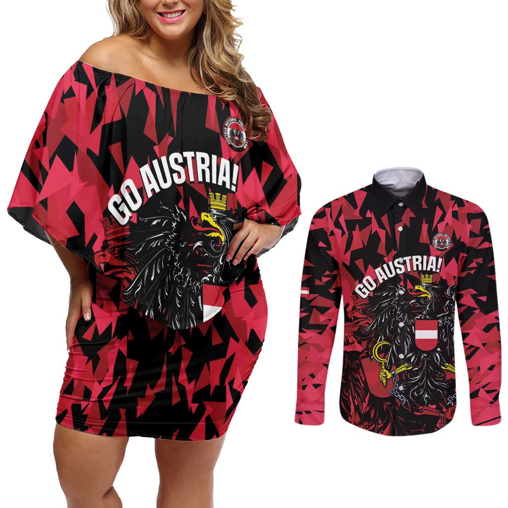 Custom Austria Football Couples Matching Off Shoulder Short Dress and Long Sleeve Button Shirt 2026 Das Team Black Eagle - Wonder Print Shop