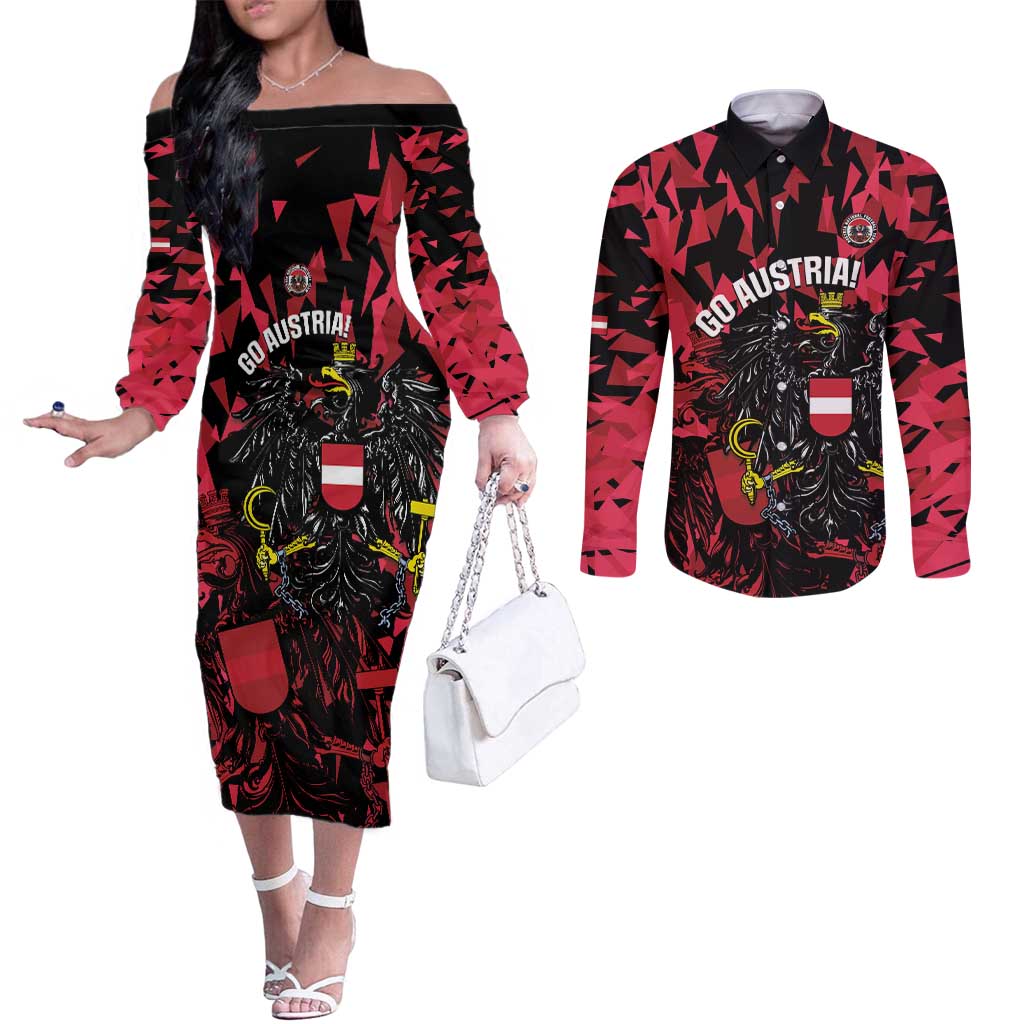 Custom Austria Football Couples Matching Off The Shoulder Long Sleeve Dress and Long Sleeve Button Shirt 2026 Das Team Black Eagle - Wonder Print Shop