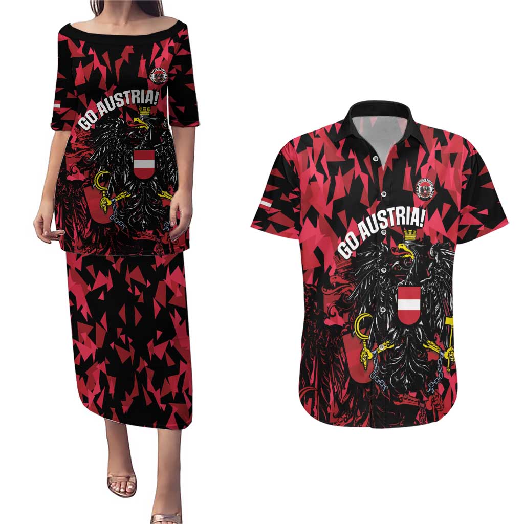 Custom Austria Football Couples Matching Puletasi and Hawaiian Shirt 2026 Das Team Black Eagle - Wonder Print Shop