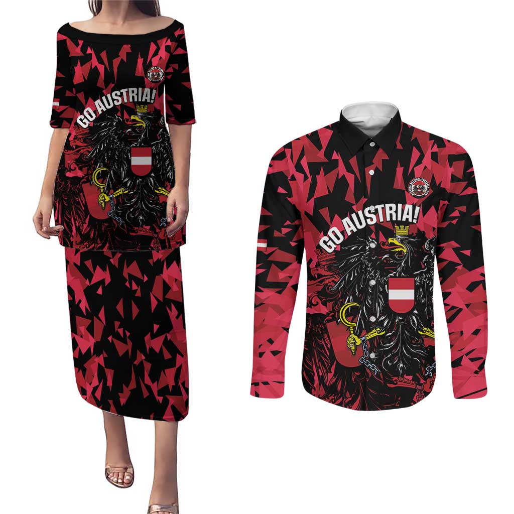 Custom Austria Football Couples Matching Puletasi and Long Sleeve Button Shirt 2026 Das Team Black Eagle - Wonder Print Shop