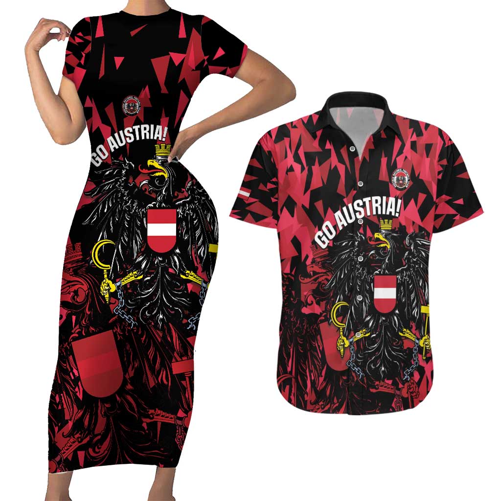 Custom Austria Football Couples Matching Short Sleeve Bodycon Dress and Hawaiian Shirt 2026 Das Team Black Eagle - Wonder Print Shop