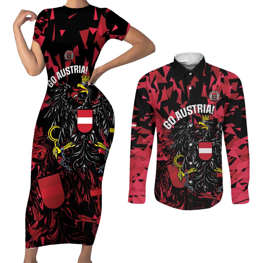 Custom Austria Football Couples Matching Short Sleeve Bodycon Dress and Long Sleeve Button Shirt 2026 Das Team Black Eagle - Wonder Print Shop