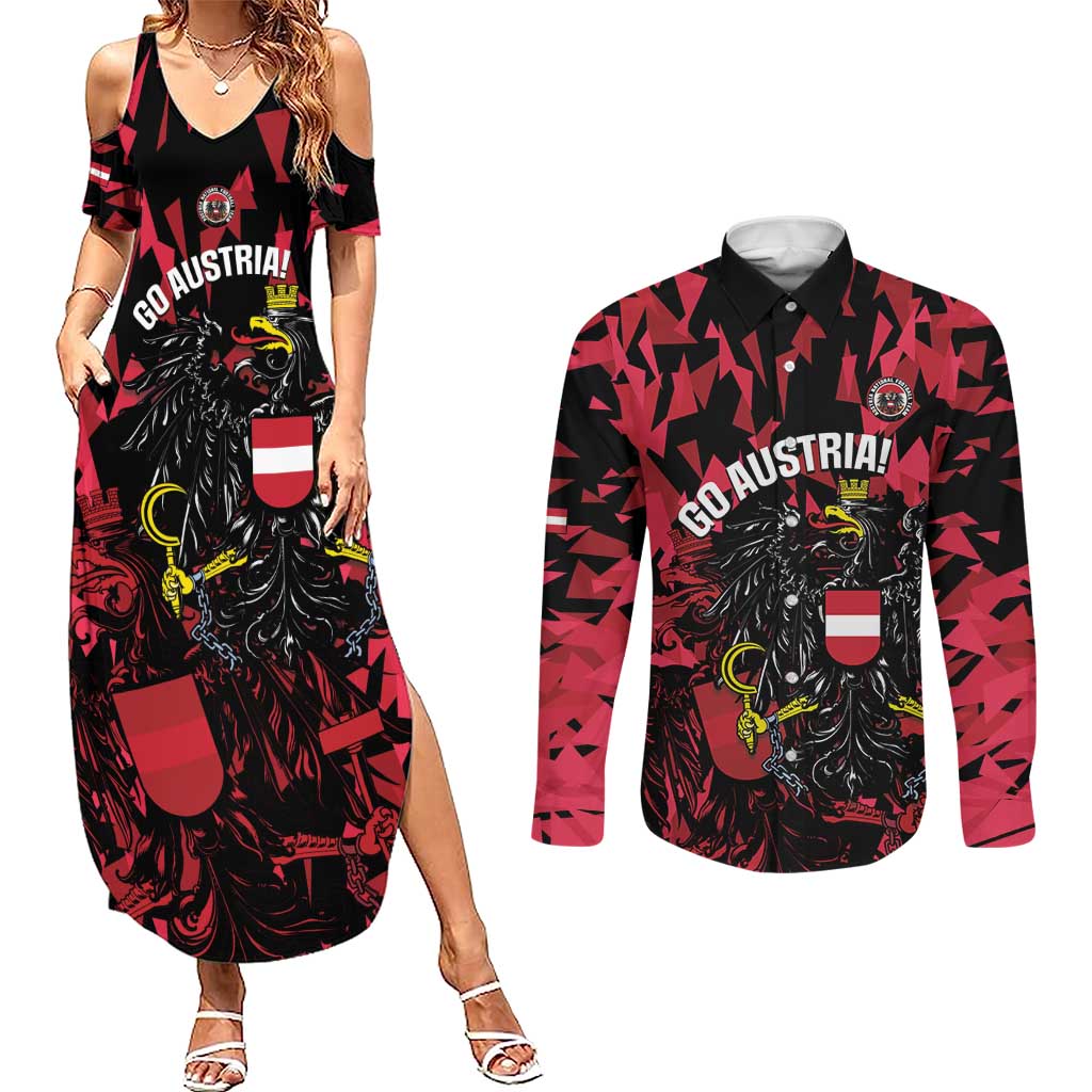 Custom Austria Football Couples Matching Summer Maxi Dress and Long Sleeve Button Shirt 2026 Das Team Black Eagle - Wonder Print Shop