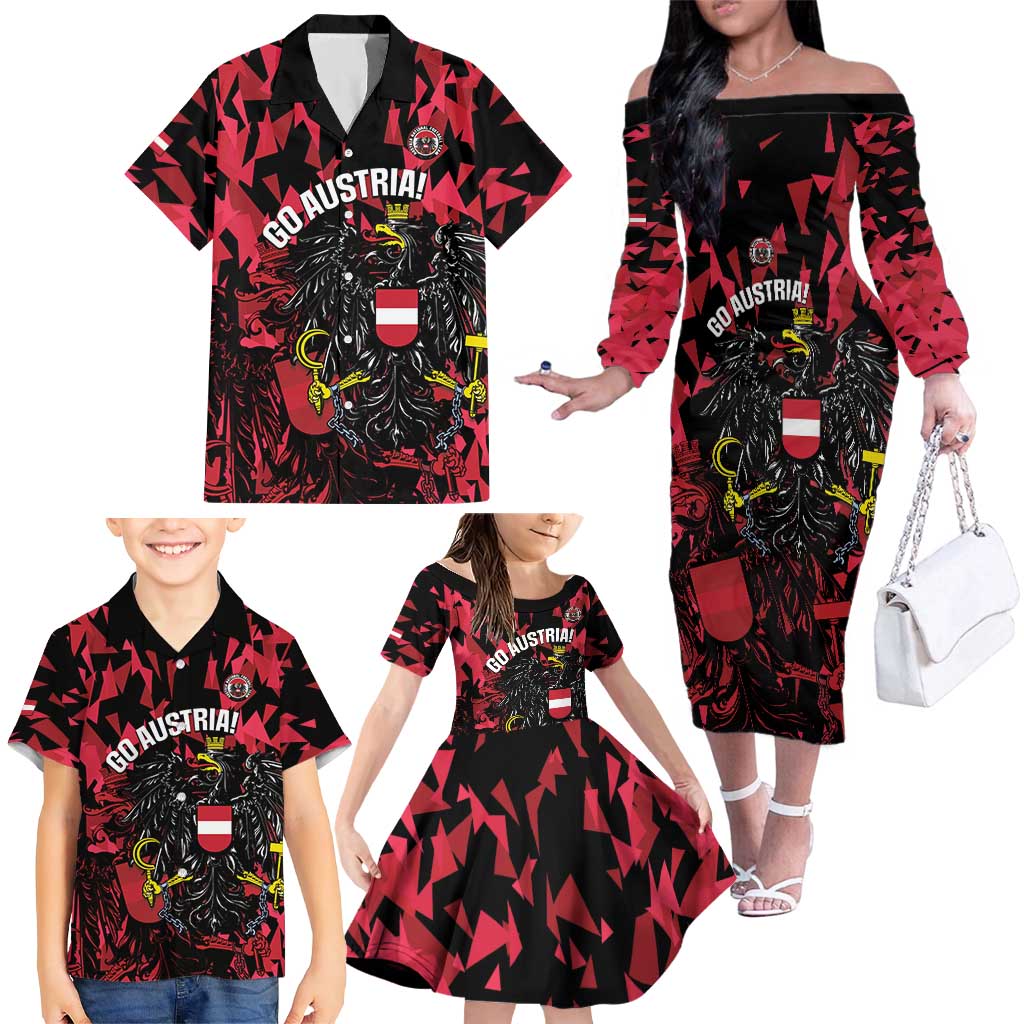 Custom Austria Football Family Matching Off The Shoulder Long Sleeve Dress and Hawaiian Shirt 2026 Das Team Black Eagle - Wonder Print Shop