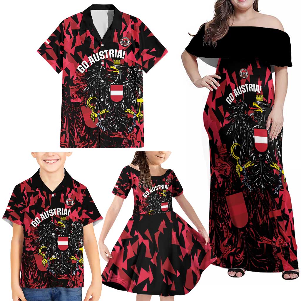Custom Austria Football Family Matching Off Shoulder Maxi Dress and Hawaiian Shirt 2026 Das Team Black Eagle - Wonder Print Shop