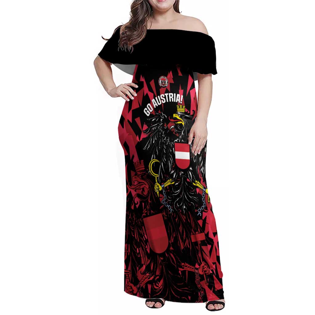 Custom Austria Football Family Matching Off Shoulder Maxi Dress and Hawaiian Shirt 2026 Das Team Black Eagle - Wonder Print Shop