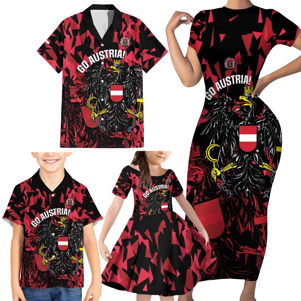 Custom Austria Football Family Matching Short Sleeve Bodycon Dress and Hawaiian Shirt 2026 Das Team Black Eagle - Wonder Print Shop