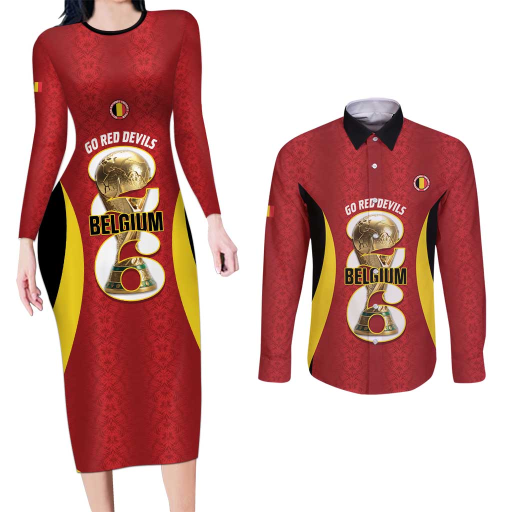 Custom Belgium Football Couples Matching Long Sleeve Bodycon Dress and Long Sleeve Button Shirt 2026 Go De Rode Duivels - Wonder Print Shop