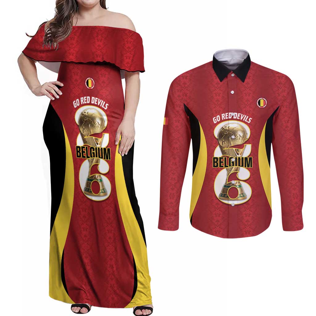 Custom Belgium Football Couples Matching Off Shoulder Maxi Dress and Long Sleeve Button Shirt 2026 Go De Rode Duivels - Wonder Print Shop