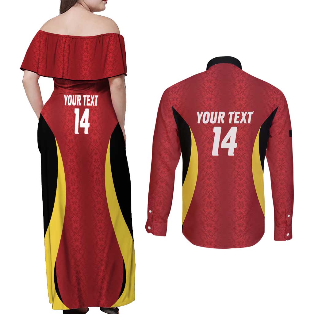 Custom Belgium Football Couples Matching Off Shoulder Maxi Dress and Long Sleeve Button Shirt 2026 Go De Rode Duivels - Wonder Print Shop