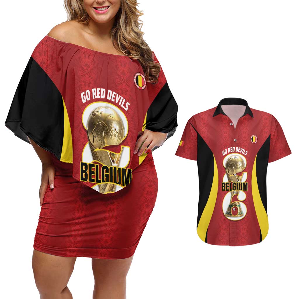 Custom Belgium Football Couples Matching Off Shoulder Short Dress and Hawaiian Shirt 2026 Go De Rode Duivels - Wonder Print Shop