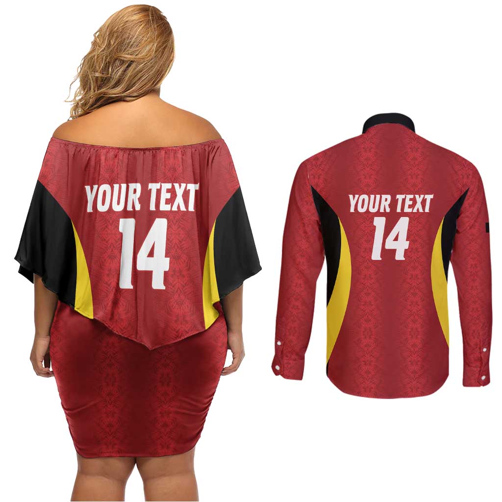 Custom Belgium Football Couples Matching Off Shoulder Short Dress and Long Sleeve Button Shirt 2026 Go De Rode Duivels - Wonder Print Shop