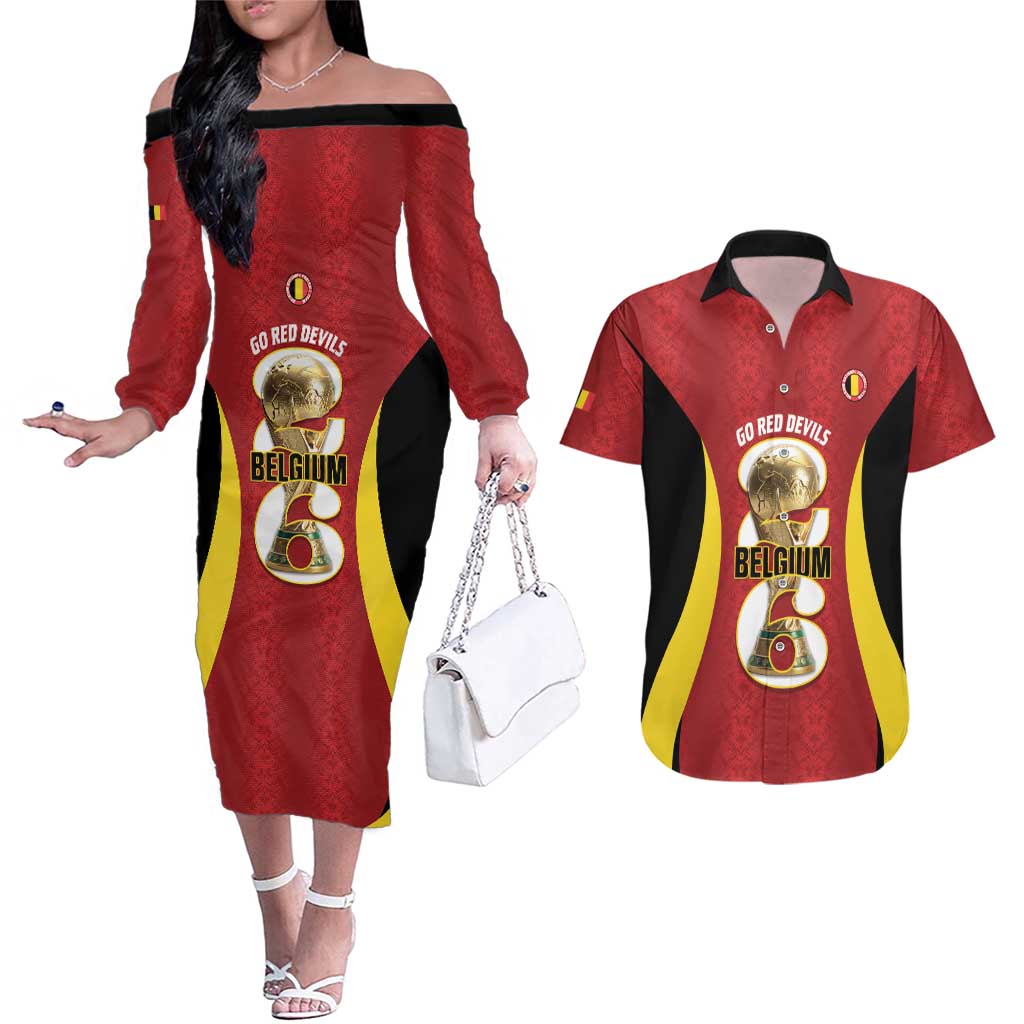 Custom Belgium Football Couples Matching Off The Shoulder Long Sleeve Dress and Hawaiian Shirt 2026 Go De Rode Duivels - Wonder Print Shop