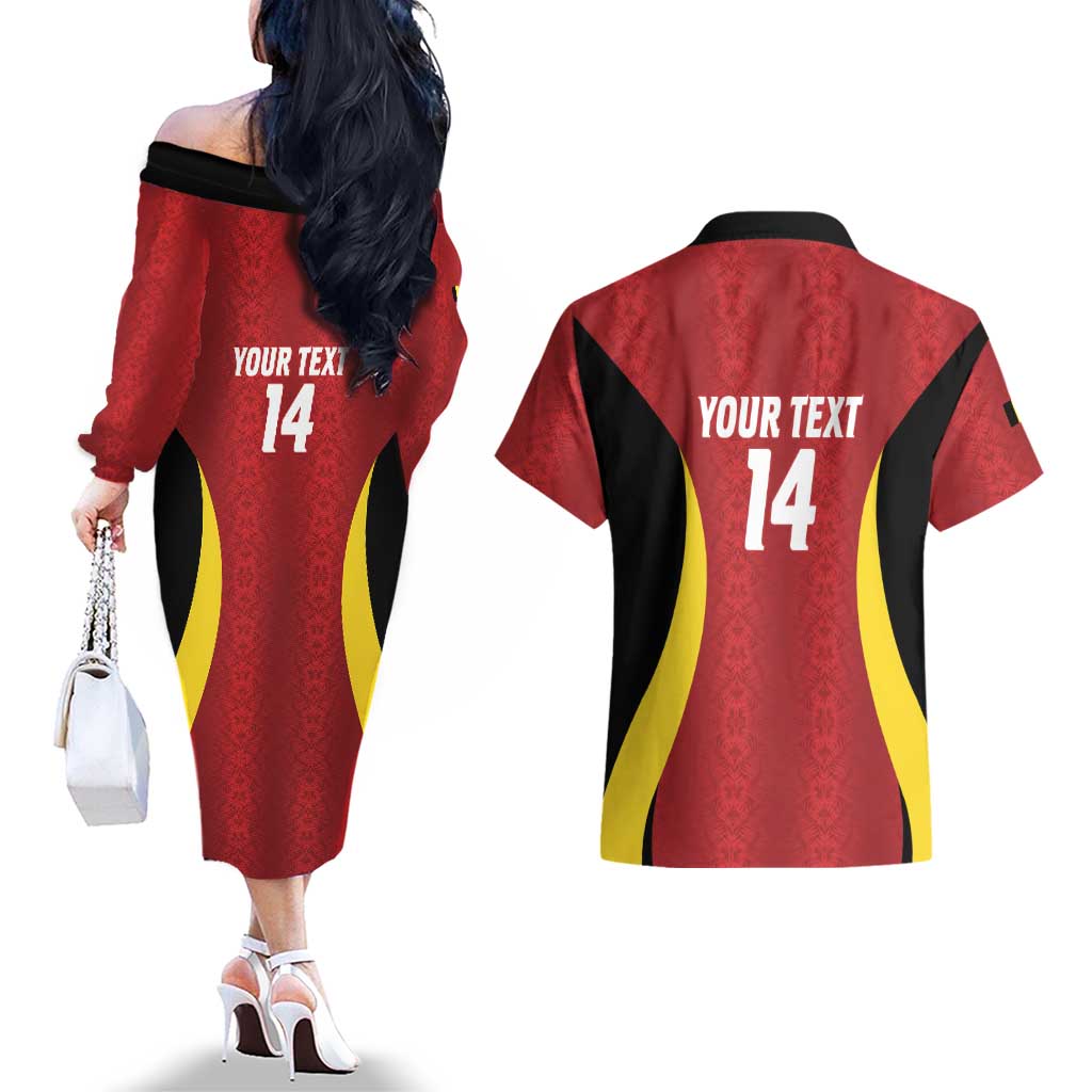 Custom Belgium Football Couples Matching Off The Shoulder Long Sleeve Dress and Hawaiian Shirt 2026 Go De Rode Duivels - Wonder Print Shop