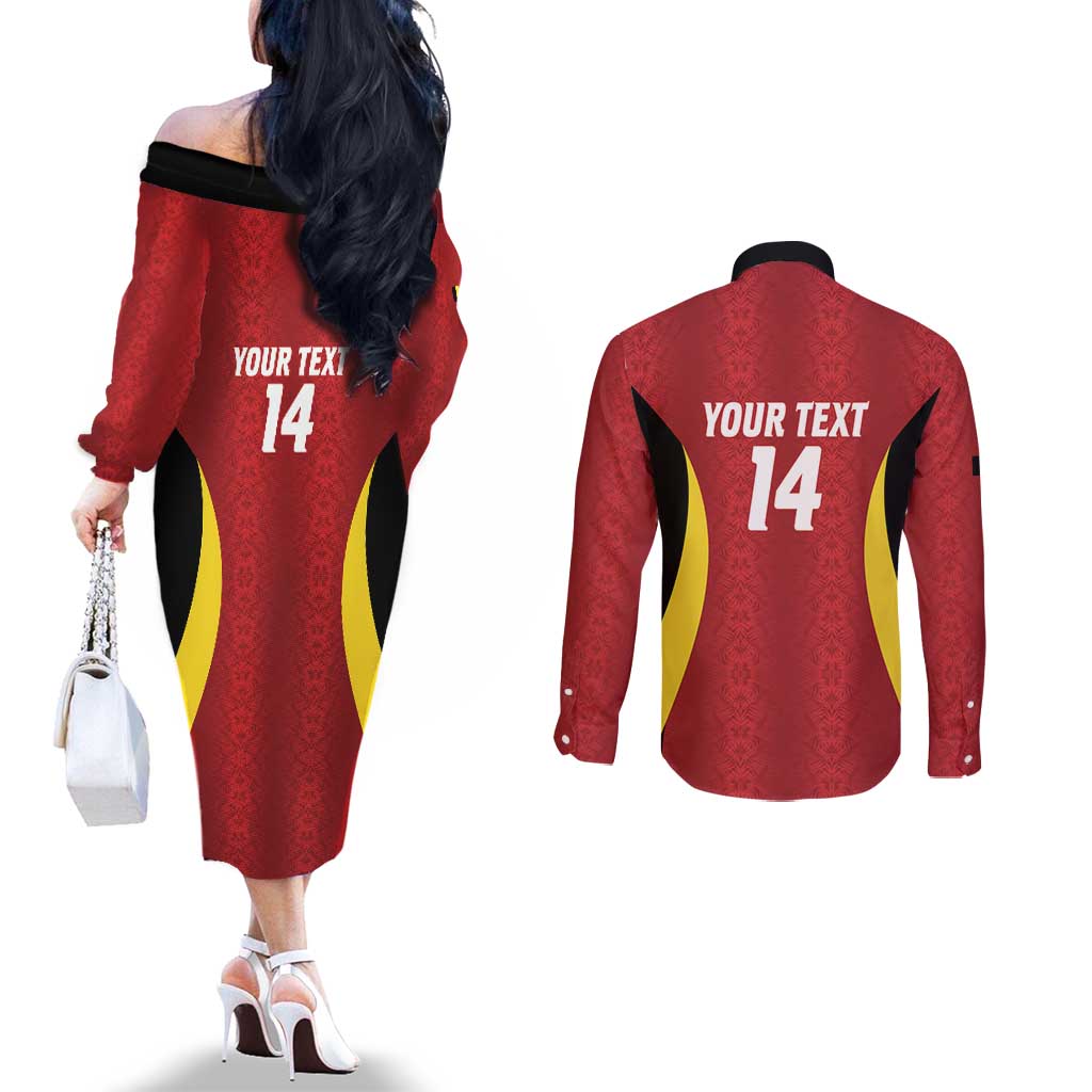 Custom Belgium Football Couples Matching Off The Shoulder Long Sleeve Dress and Long Sleeve Button Shirt 2026 Go De Rode Duivels - Wonder Print Shop
