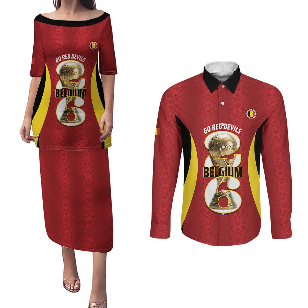 Custom Belgium Football Couples Matching Puletasi and Long Sleeve Button Shirt 2026 Go De Rode Duivels - Wonder Print Shop