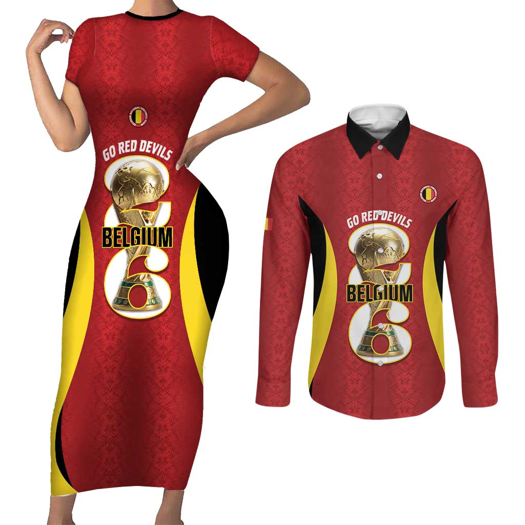 Custom Belgium Football Couples Matching Short Sleeve Bodycon Dress and Long Sleeve Button Shirt 2026 Go De Rode Duivels - Wonder Print Shop