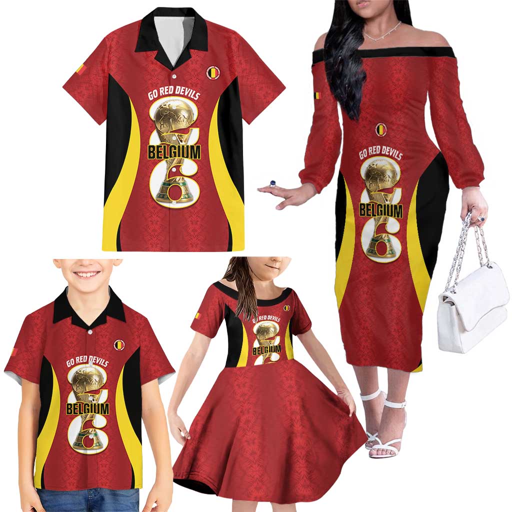 Custom Belgium Football Family Matching Off The Shoulder Long Sleeve Dress and Hawaiian Shirt 2026 Go De Rode Duivels - Wonder Print Shop