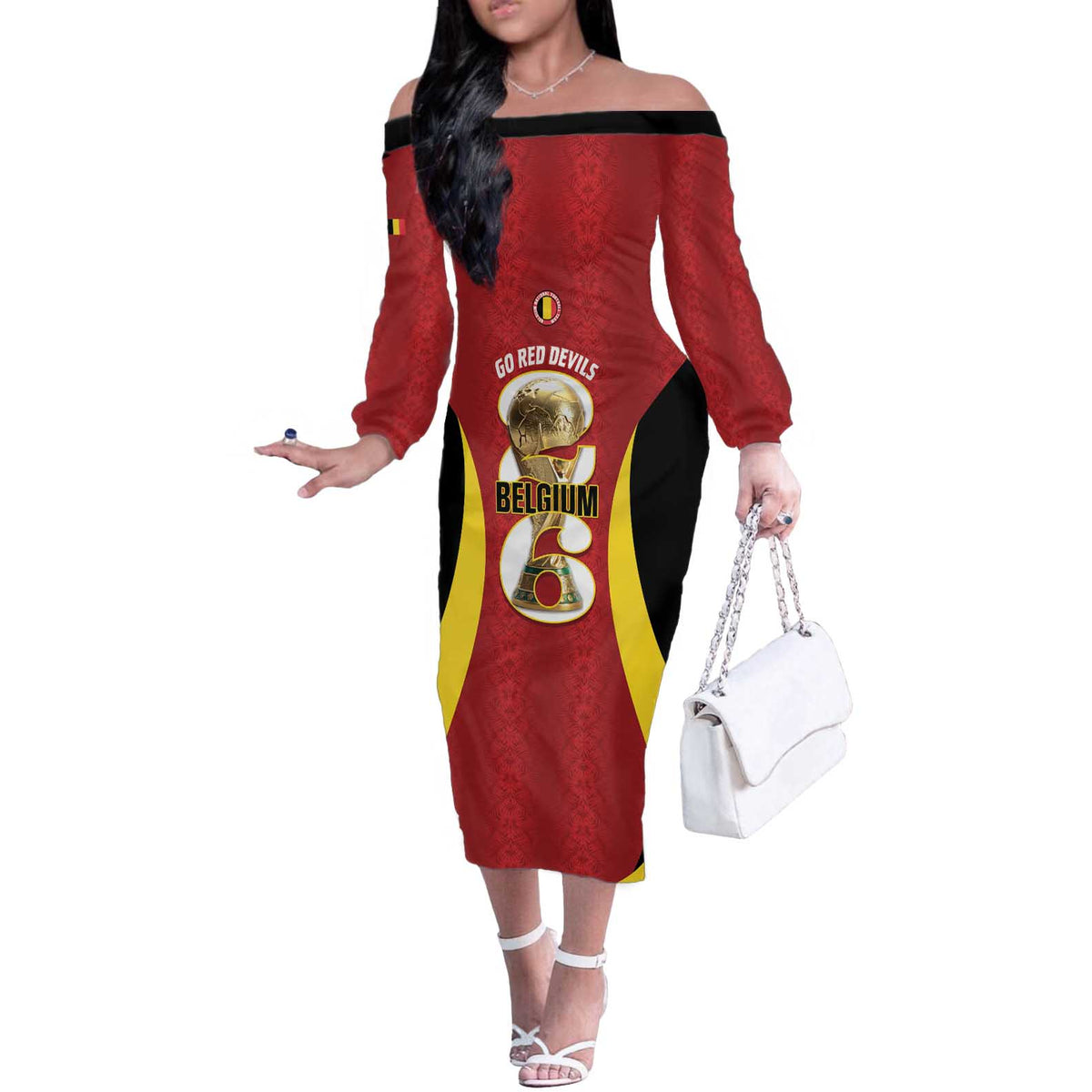 Custom Belgium Football Off The Shoulder Long Sleeve Dress 2026 Go De Rode Duivels - Wonder Print Shop