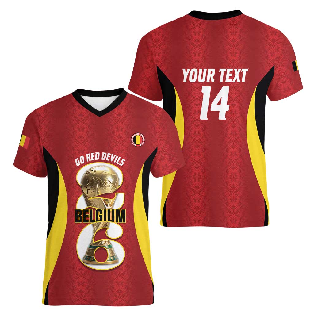 Custom Belgium Football Women V-Neck T-Shirt 2026 Go De Rode Duivels - Wonder Print Shop