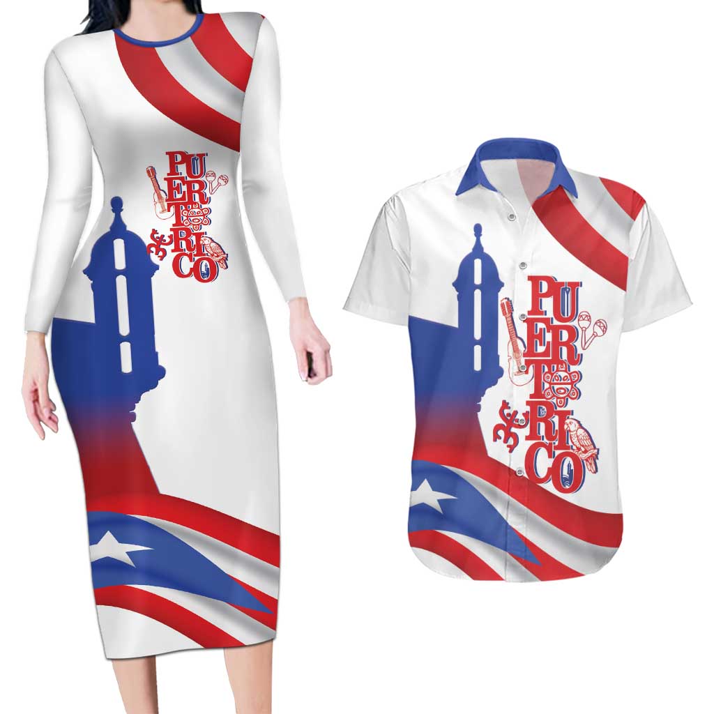 Puerto Rico Couples Matching Long Sleeve Bodycon Dress and Hawaiian Shirt Puerto Rican Proud El Morro Flag Wave Style