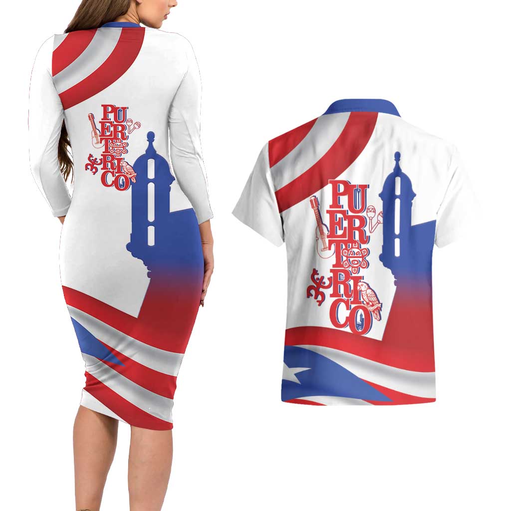 Puerto Rico Couples Matching Long Sleeve Bodycon Dress and Hawaiian Shirt Puerto Rican Proud El Morro Flag Wave Style