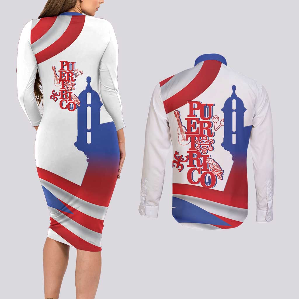 Puerto Rico Couples Matching Long Sleeve Bodycon Dress and Long Sleeve Button Shirt Puerto Rican Proud El Morro Flag Wave Style