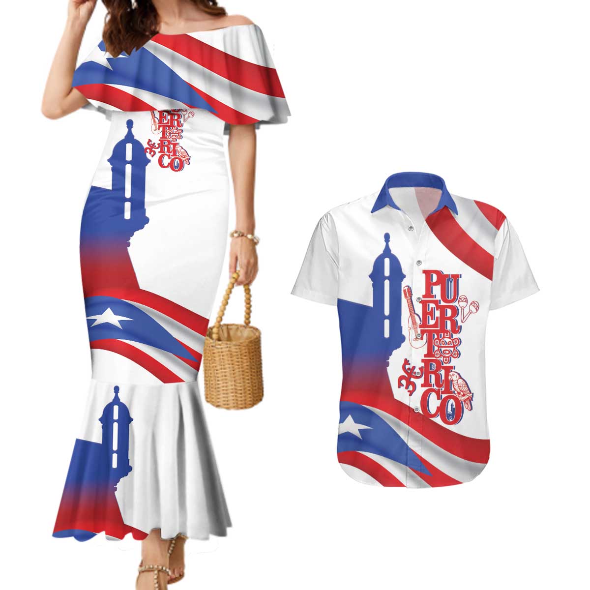 Puerto Rico Couples Matching Mermaid Dress and Hawaiian Shirt Puerto Rican Proud El Morro Flag Wave Style